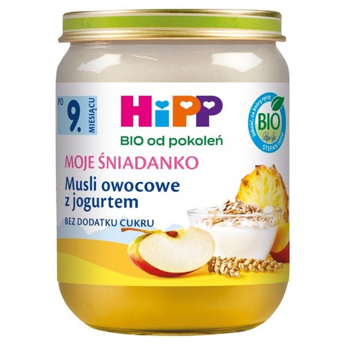 Słoiczek HiPP Moje Śniadanko Musli owocowe z jogurtem, BIO, bez dodatku cukru, dla dzieci po 9. miesiącu. Na etykiecie grafika owoców i musli.