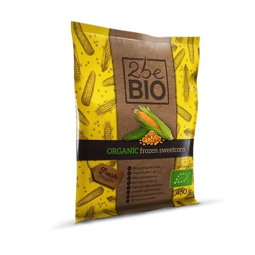 Żółta torebka mrożonej kukurydzy 2be BIO, 450 g. Na etykiecie grafika kolb kukurydzy i ziaren. Oznaczenie BIO.