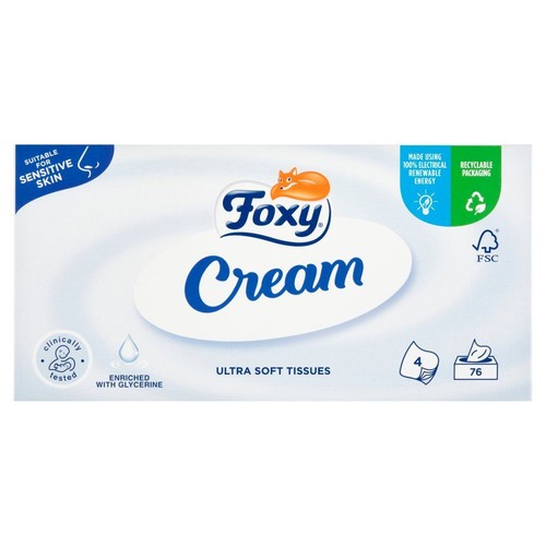 Chusteczki Foxy Cream Ultra Soft, 76 sztuk, 4-warstwowe, testowane klinicznie, bardzo miękkie.