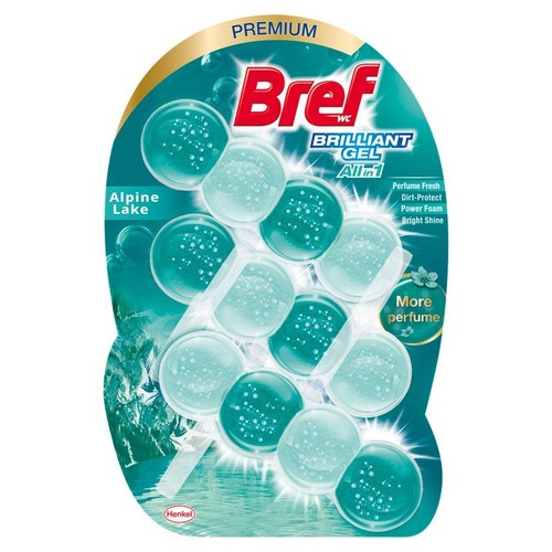 Bref WC Brilliant Gel All in 1 o zapachu Alpejskiego Jeziora. Produkt do toalety z 12 żelowymi kapsułkami w blistrze.