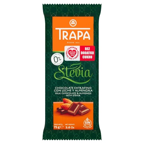 Czekolada mleczna Trapa Stevia z migdałami, bez dodatku cukru. Opakowanie 75g, bezglutenowe.
