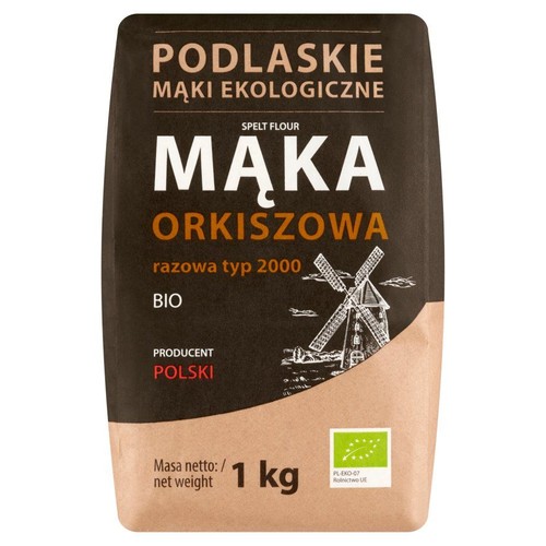 Brązowe opakowanie mąki orkiszowej razowej typ 2000 BIO, 1 kg, marki Podlaskie Mąki Ekologiczne. Na froncie widnieje duży napis "MĄKA ORKISZOWA", grafika wiatraka oraz logo certyfikatu ekologicznego UE. Produkt polski.
