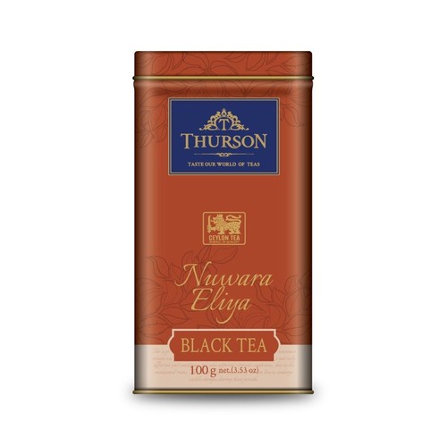 Czarna herbata THURSON Nuwara Eliya, 100 g. Opakowanie to rdzawobrązowa puszka z niebieską etykietą.
