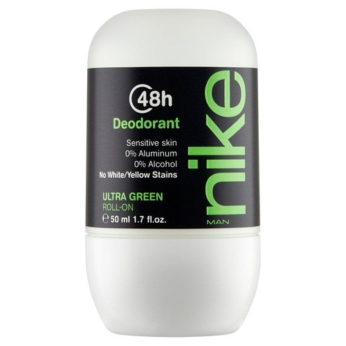 Dezodorant roll-on Nike Ultra Green 50 ml. Biała butelka z czarną etykietą, zielonym logo Nike i informacjami o składzie.