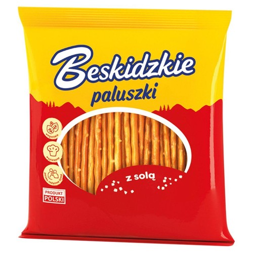 Paczka paluszków Beskidzkie, słonych. Opakowanie w kolorach żółtym i czerwonym, z widocznym produktem.