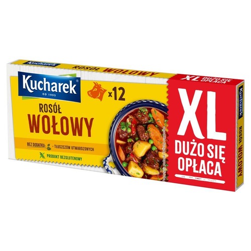 Kartonowe opakowanie Kucharek Rosół Wołowy, 12 kostek. Na żółtym tle nazwa produktu i grafika wołu. Czerwony pasek z napisem "XL Dużo się opłaca". Produkt bezglutenowy, bez tłuszczów utwardzonych.