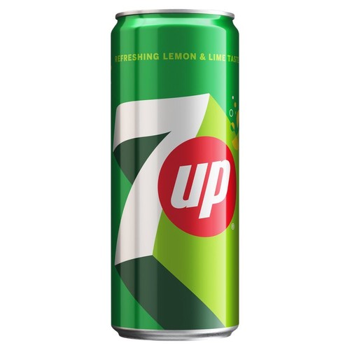 Zielona puszka napoju 7UP z białym logo "7" i czerwonym kółkiem "up". Na górze napis: "Orzeźwiający smak cytryny i limonki".