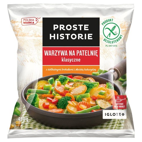 Mrożone warzywa Proste Historie, 450g. Na opakowaniu grafika warzyw w patelni: brokuły, marchew, kukurydza, fasolka.