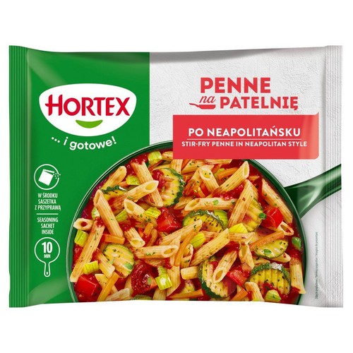 Hortex Penne na Patelnię Po Neapolitańsku. Opakowanie z grafiką makaronu penne z warzywami w sosie, gotowe w 10 minut.