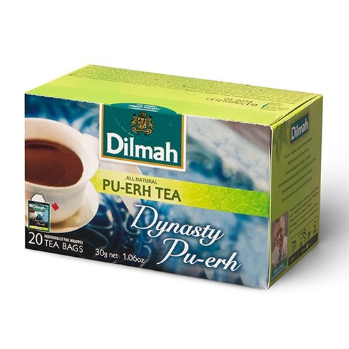 Pudełko herbaty Dilmah Dynasty Pu-erh, 20 torebek, 30g netto. Na opakowaniu filiżanka z herbatą.