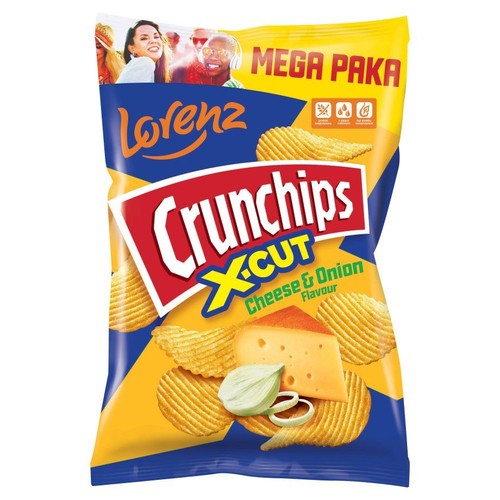Żółto-niebieska paczka chipsów Lorenz Crunchips X-Cut, Mega Paka. Widoczne faliste chipsy, ser i cebula.