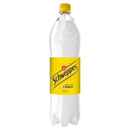 Napój Schweppes Indian Tonic w plastikowej butelce 1,25 litra. Etykieta jest żółta, a zakrętka również żółta.