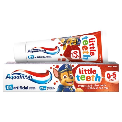 Pasta do zębów Aquafresh Little Teeth dla dzieci 0-5 lat. Opakowanie z psem Chase z Psiego Patrolu. 0% sztucznych dodatków.