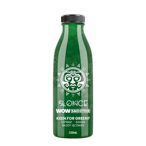 Produkt Slonce WOW Smoothie "Keen for Green?", 330ml. Jest to zielony napój w przezroczystej butelce z czarną zakrętką. Etykieta zawiera nazwę marki "Slonce", hasło "WOW Smoothie" oraz listę składników: szpinak, banan, młody jęczmień.