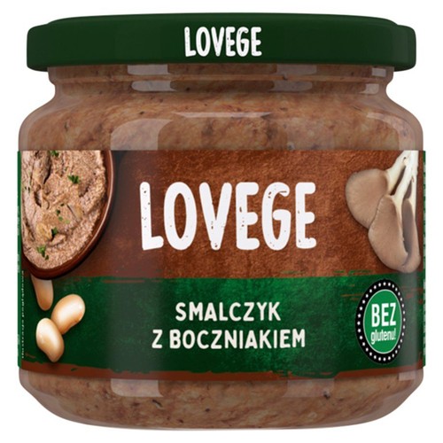 Słoik wegańskiego smalczyku LOVEGE z boczniakiem. Na etykiecie miseczka z pastą i boczniaki. Bez glutenu.