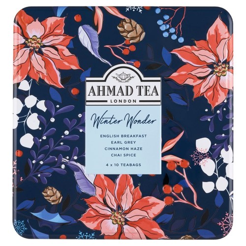 Puszka herbaty Ahmad Tea Winter Wonder. Zawiera 40 torebek herbat o smaku English Breakfast, Earl Grey, cynamon i chai.