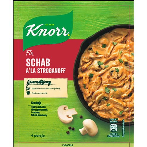 Opakowanie Knorr Fix Schab A'la Stroganoff. Zawiera przepis na 4 porcje. Na grafice gotowe danie z mięsem i pieczarkami.