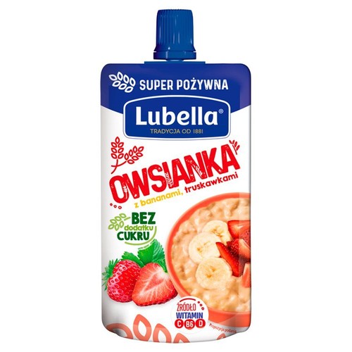 Saszetka Lubella Owsianka z bananami i truskawkami. Źródło witamin C, B6, D.