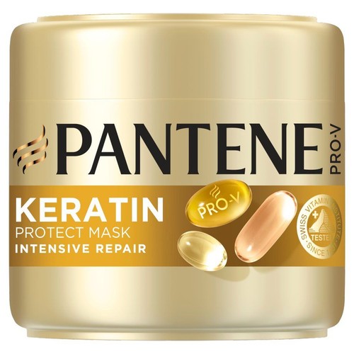 Maska do włosów Pantene Pro-V Keratin Protect Intensive Repair w złotym opakowaniu. Widoczne logo i grafiki kapsułek.