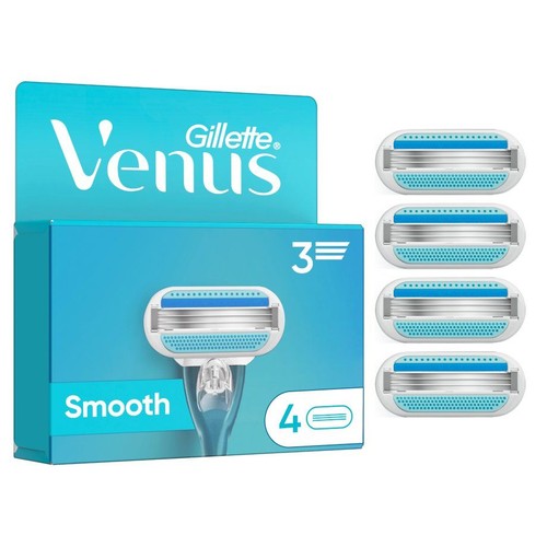 Zestaw Gillette Venus Smooth: niebieskie pudełko z grafiką głowicy z 3 ostrzami oraz 4 oddzielne wkłady z 3 ostrzami.