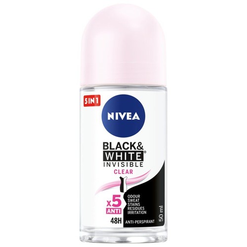 Nivea Black & White Invisible Clear, antyperspirant roll-on 50 ml. Przezroczysta butelka z białą etykietą i różową zakrętką.
