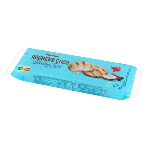 Opakowanie ciastek Auchan Rochers Coco Bezglutenowe. Na niebieskim tle widoczne są dwa kokosowe ciastka.