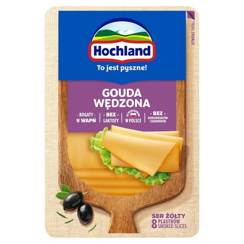 Opakowanie sera Hochland Gouda Wędzona, 8 plastrów. Ser jest bogaty w wapń, bez laktozy, konserwantów i barwników.