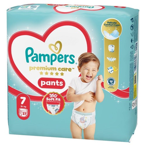 Opakowanie pieluchomajtek Pampers Premium Care Pants, rozmiar 7, dla dzieci 15+ kg, 27 sztuk. Na opakowaniu uśmiechnięte dziecko.