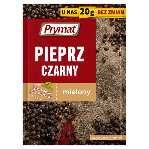 Opakowanie pieprzu czarnego mielonego Prymat 20g. Czerwono-brązowa torebka z grafiką ziaren i mielonego pieprzu.