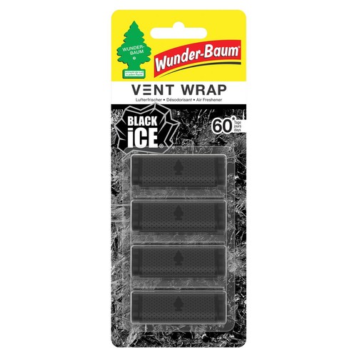Wunder-Baum Vent Wrap Black Ice, zestaw 4 odświeżaczy samochodowych w blistrze. Czarne wkłady z logo drzewka, przeznaczone do montażu w kratce nawiewu. Działają do 60 dni.