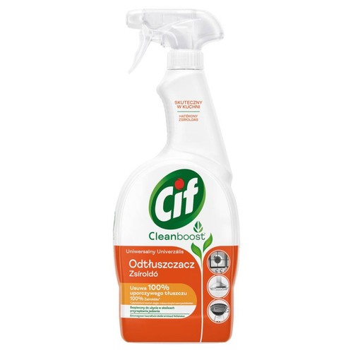 Cif Cleanboost Uniwersalny Odtłuszczacz w białej butelce z pomarańczową etykietą. Bezpieczny do kuchni.