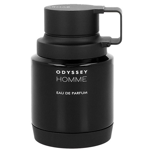 Czarny, cylindryczny flakon perfum Armaf Odyssey Homme Eau de Parfum. Butelka ma matowe wykończenie i błyszczącą etykietę z białym napisem. Charakterystyczna czarna zakrętka z uchwytem.