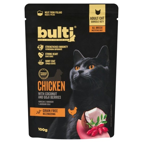 Czarna torebka doypack karmy Bulti Kurczak z Kokosem i Jagodami Goji, 100g. Na opakowaniu czarny kot i składniki.