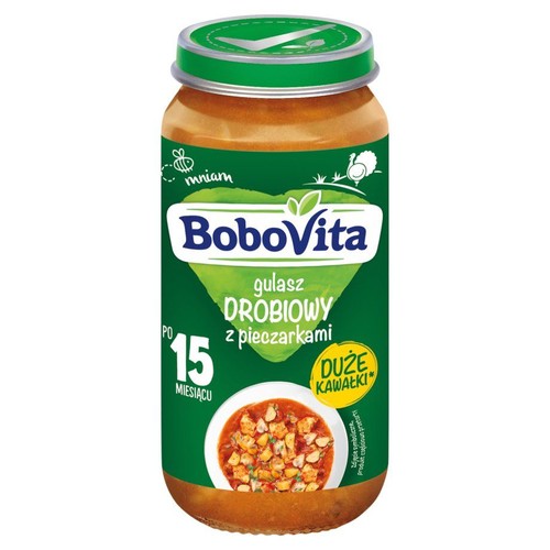 BoboVita Gulasz Drobiowy z Pieczarkami w słoiku. Produkt dla niemowląt po 15 miesiącu życia, zawiera duże kawałki.