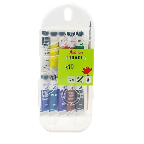 Zestaw farb gwaszowych Auchan, 10 tubek po 10 ml każda, z pędzlem. Kolory: biały, żółty, niebieski, cyjan, fioletowy, brązowy, czarny.