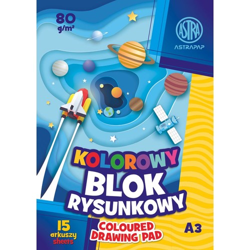 Kolorowy blok rysunkowy A3 Astra Astropap, 80 g/m², 15 arkuszy. Okładka z motywem kosmosu, planet i rakiety.