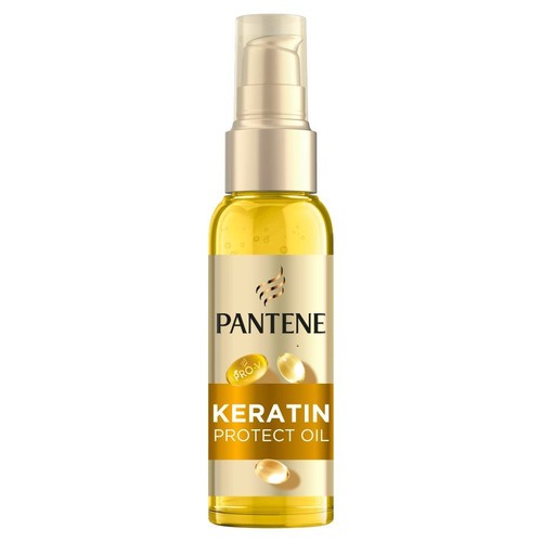 Olejek do włosów Pantene Keratin Protect Oil w przezroczystej butelce ze złotą pompką. Na etykiecie napis Keratin.