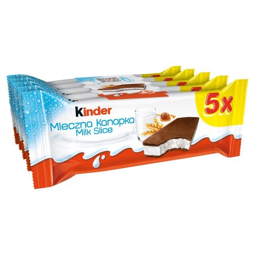Opakowanie Kinder Mleczna Kanapka, 5 sztuk. Biało-czerwone opakowanie z grafiką przekrojonego ciastka i szklanki mleka.
