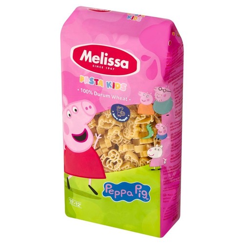 Makaron Melissa Pasta Kids ze Świnką Peppą, 100% pszenicy durum. Opakowanie różowo-zielone z okienkiem.
