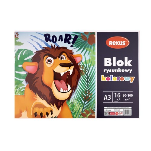Blok rysunkowy kolorowy REXUS A3, 16 kartek, 80-100 g/m². Okładka z ryczącym lwem w dżungli.
