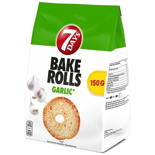 Paczka 7 DAYS Bake Rolls Czosnek, 150 gramów. Na opakowaniu logo, grafika czosnku i chrupkiego pieczywa.