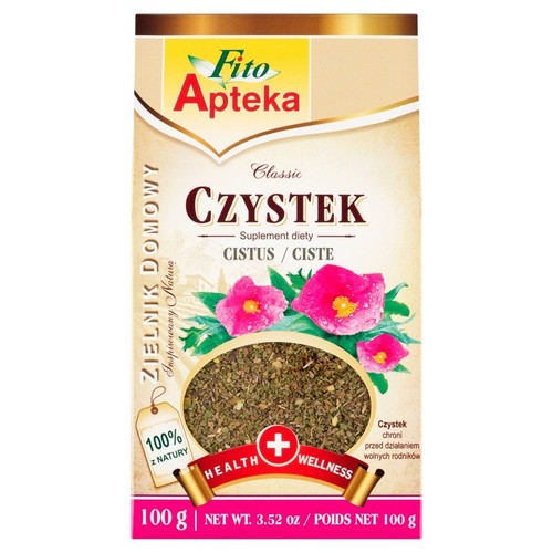 Suplement diety Fito Apteka Czystek 100g. Beżowe opakowanie z okienkiem pokazującym suszone zioła i różowe kwiaty.