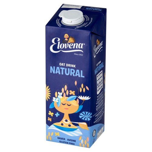 Opakowanie napoju owsianego Elovena Natural, bezglutenowego. Granatowy karton z białą nakrętką i kwiatowym wzorem.