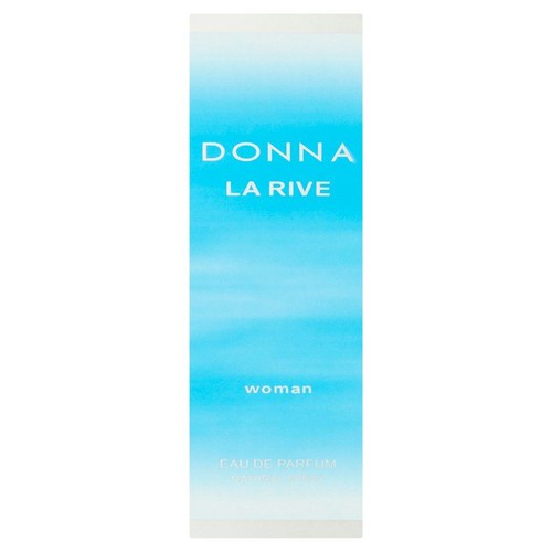 Opakowanie wody perfumowanej LA RIVE Donna dla kobiet. Biało-niebieskie pudełko z napisem "DONNA LA RIVE woman".