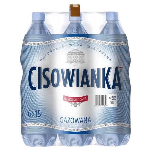 Opakowanie zbiorcze wody mineralnej Cisowianka Gazowana. Zawiera 6 plastikowych butelek PET, każda o pojemności 1,5 litra. Woda jest naturalna, gazowana i niskosodowa. Łącznie 9 litrów produktu.