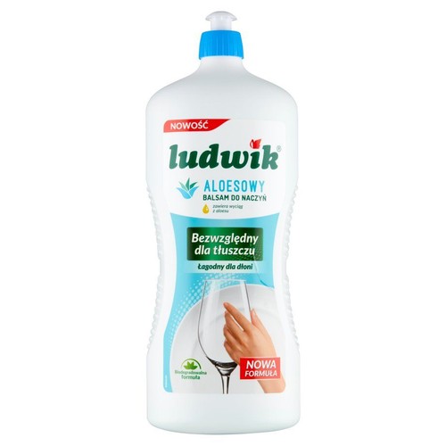 Biała butelka balsamu do naczyń Ludwik Aloesowy z niebieską nakrętką. Produkt jest bezwzględny dla tłuszczu i łagodny dla dłoni.