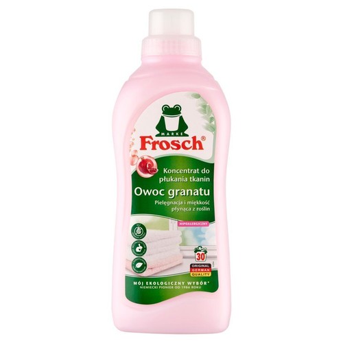 Różowa butelka koncentratu do płukania tkanin Frosch Owoc granatu. Produkt hipoalergiczny, na 30 prań.