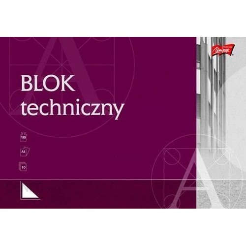 Fioletowy blok techniczny marki Unipap w formacie A3. Okładka ozdobiona jest białymi, geometrycznymi wzorami oraz fragmentem fasady budynku w odcieniach szarości. Blok zawiera 10 arkuszy papieru o gramaturze 180 g/m².