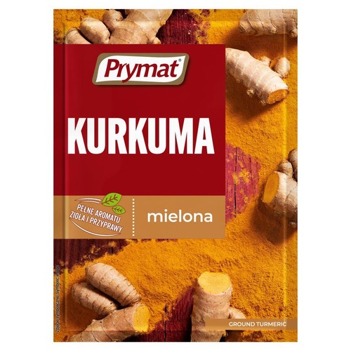 Torebka Prymat Kurkuma mielona. Na czerwonym tle nazwa produktu, na żółtym tle grafika kurkumy.