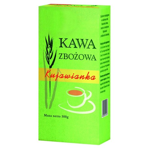 Kawa zbożowa Kujawianka w zielonym kartonowym pudełku o masie netto 500g. Z przodu kłos i filiżanka.